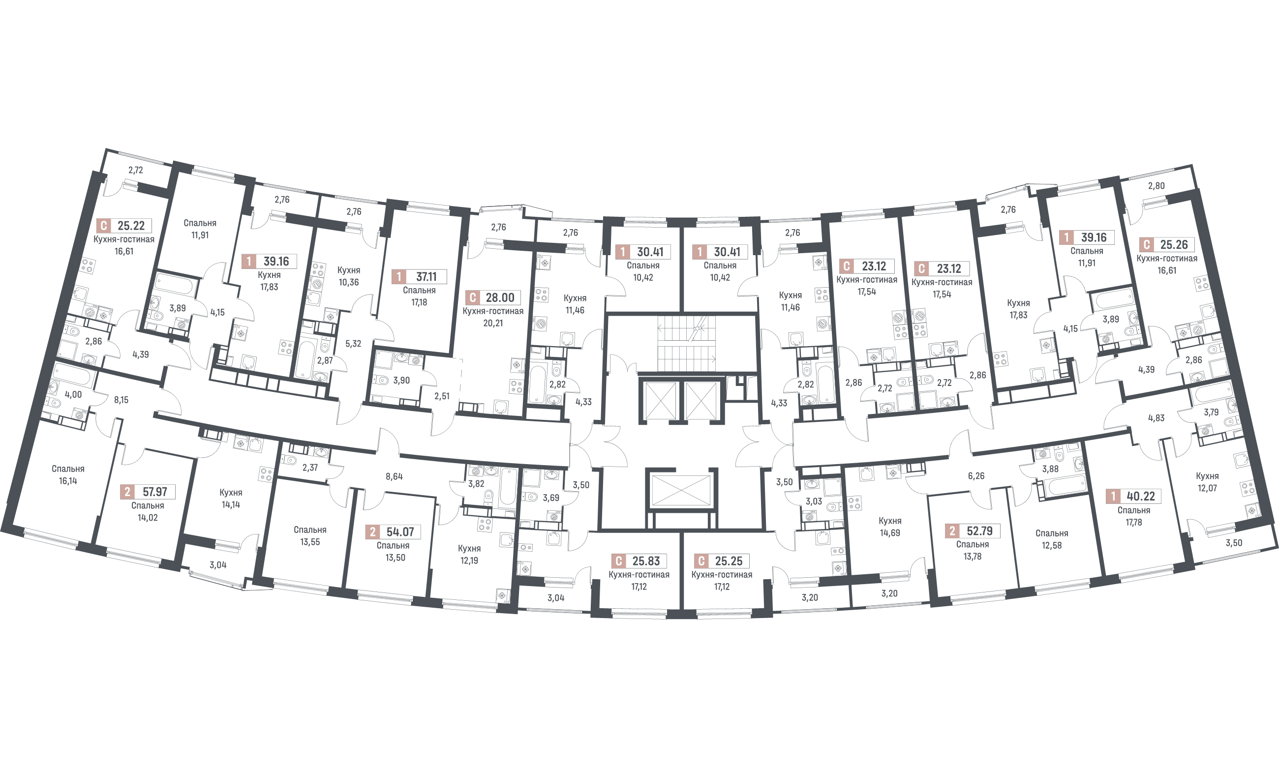 2-комнатная квартира, 54.07 м² в ЖК "Авиатор" - планировка этажа