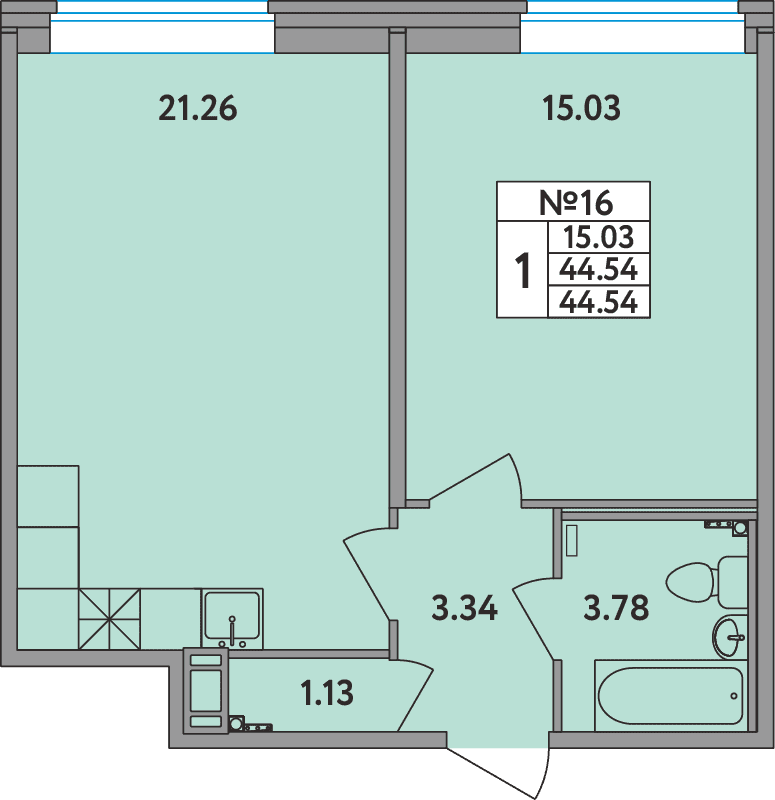 2-комнатная (Евро) квартира, 44.54 м² - планировка, фото №1