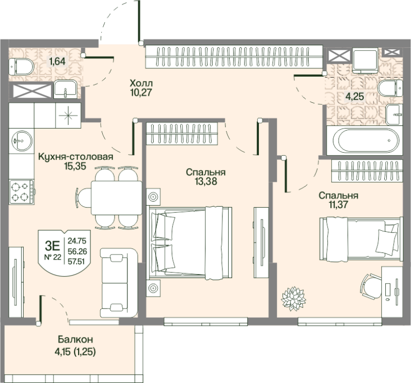 3-комнатная (Евро) квартира, 56.26 м² в ЖК "Охтинские высоты" - планировка, фото №1
