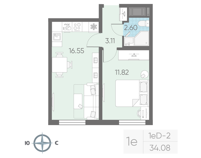 2-комнатная (Евро) квартира, 34.08 м² в ЖК "Морская миля" - планировка, фото №1