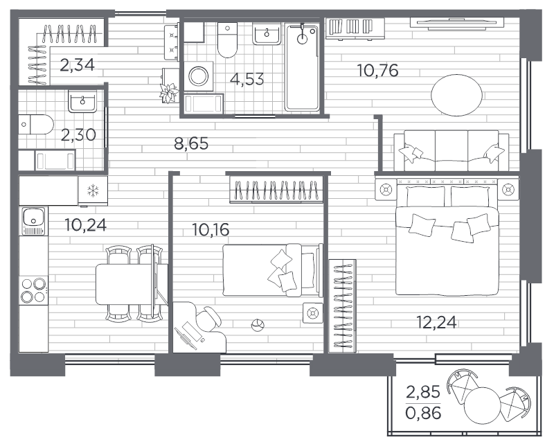 3-комнатная квартира, 62.08 м² в ЖК "PLUS Пулковский" - планировка, фото №1