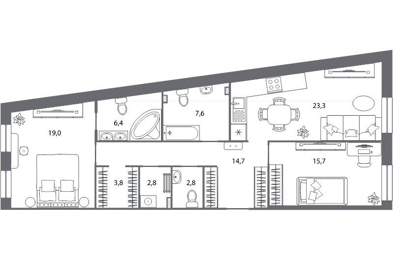 3-комнатная (Евро) квартира, 96.1 м² - планировка, фото №1