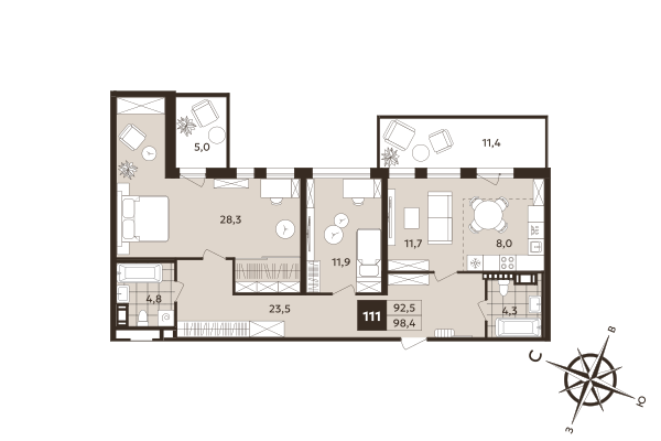 3-комнатная (Евро) квартира, 92.5 м² в ЖК "Дом на Бронницкой" - планировка, фото №1