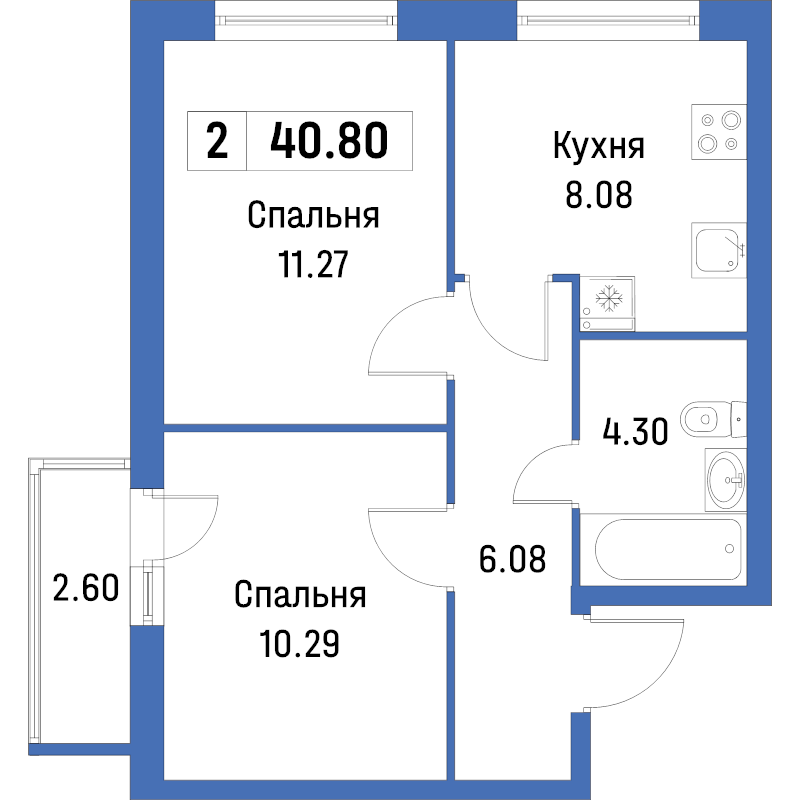 2-комнатная квартира, 40.8 м² - планировка, фото №1
