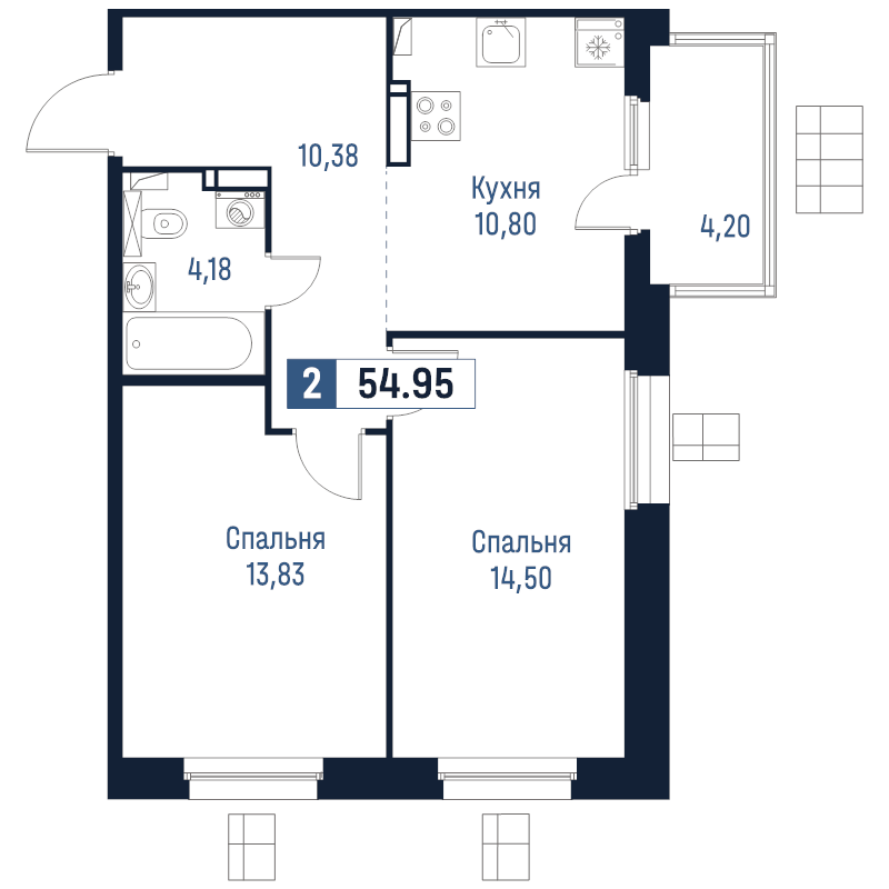 2-комнатная квартира, 54.95 м² в ЖК "Максималист" - планировка, фото №1
