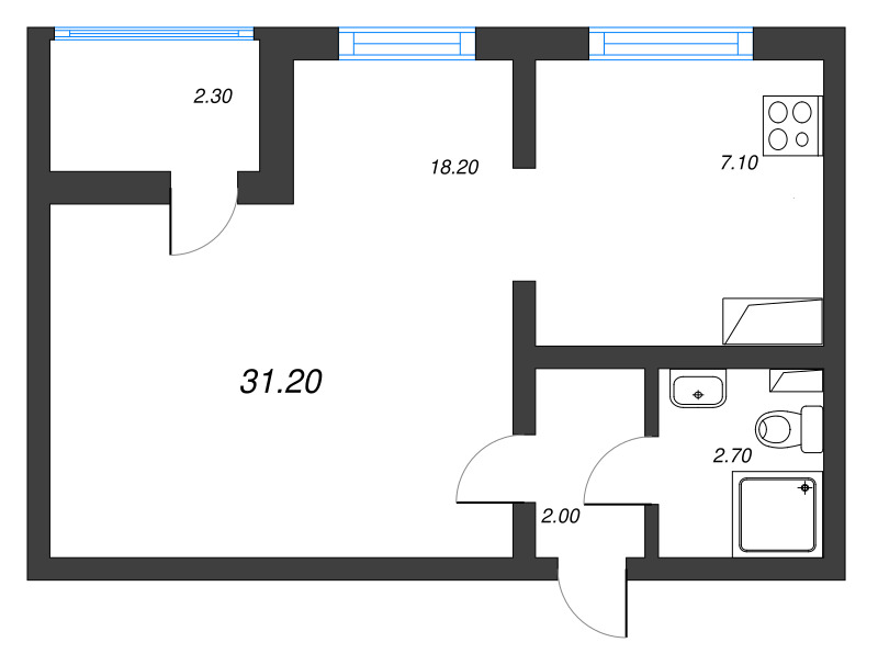 1-комнатная квартира, 31.2 м² в ЖК "Цветной город" - планировка, фото №1