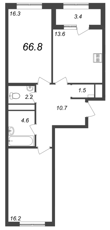 2-комнатная квартира, 66.7 м² - планировка, фото №1