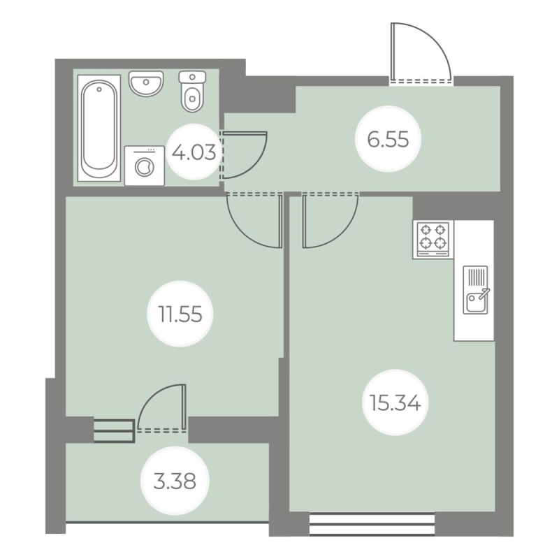 2-комнатная (Евро) квартира, 39.16 м² в ЖК "БФА в Озерках" - планировка, фото №1