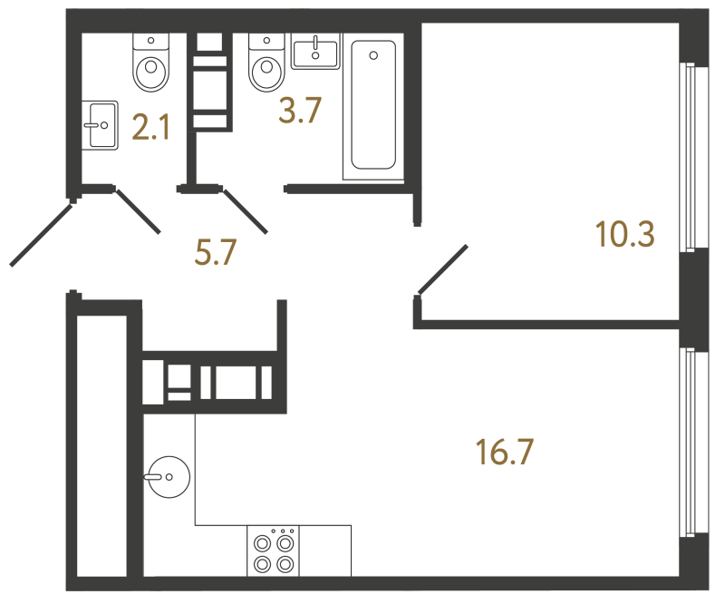 2-комнатная (Евро) квартира, 38.5 м² в ЖК "Гений" - планировка, фото №1