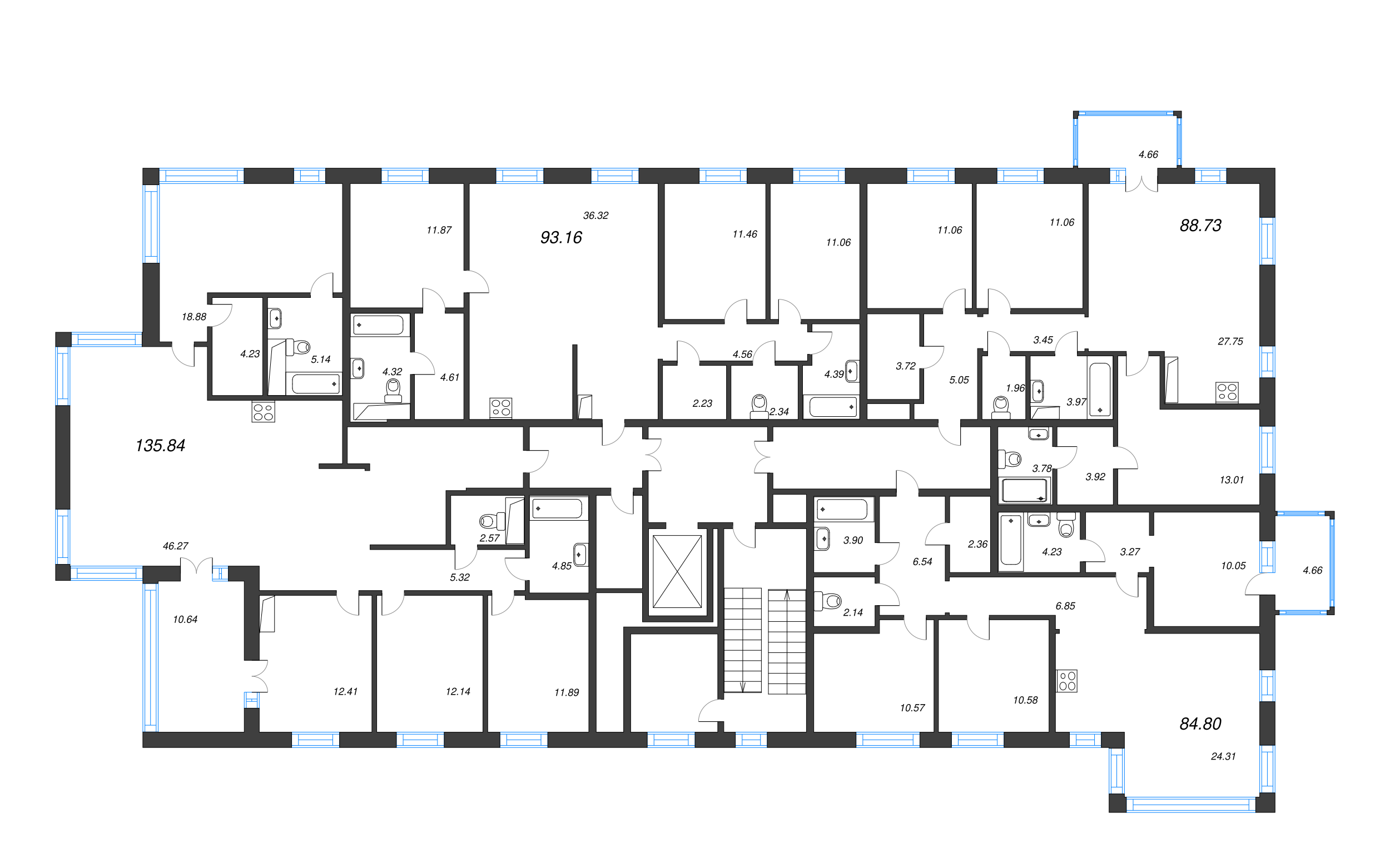 4-комнатная (Евро) квартира, 84.8 м² - планировка этажа