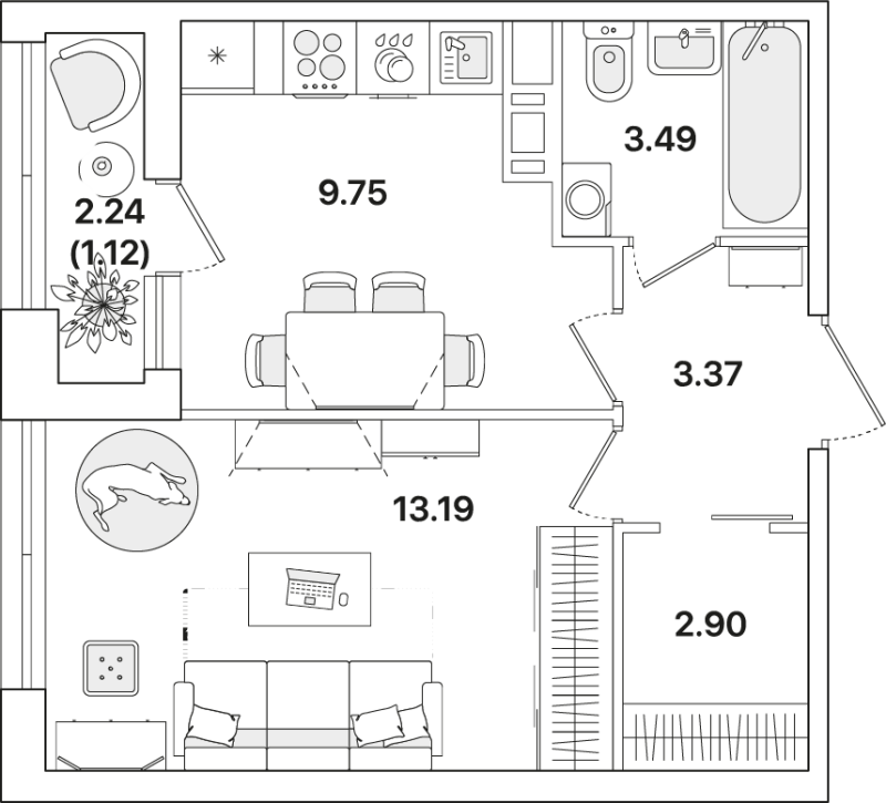 1-комнатная квартира, 33.82 м² - планировка, фото №1