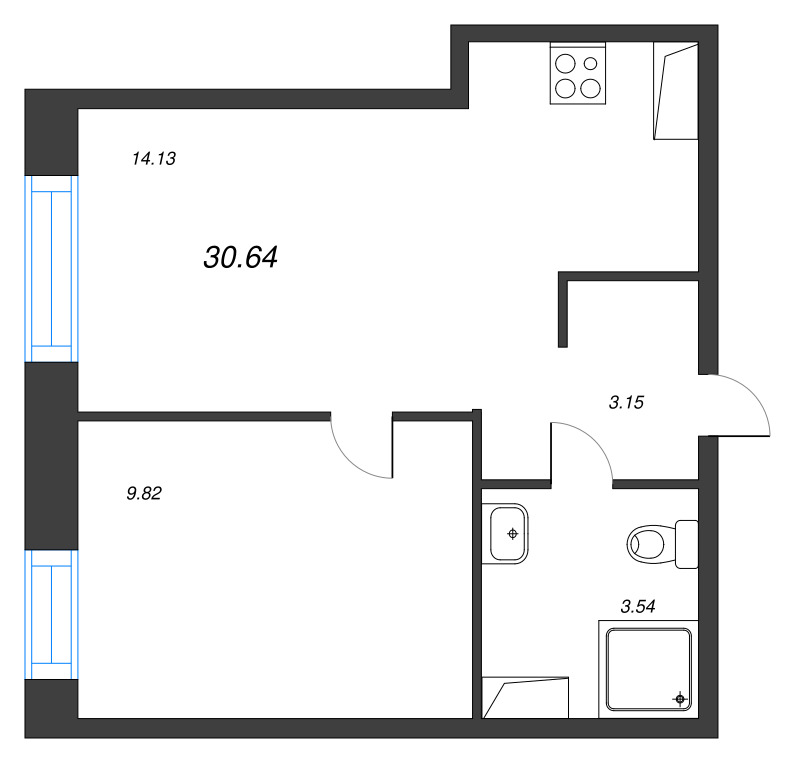 1-комнатная квартира, 30.64 м² - планировка, фото №1