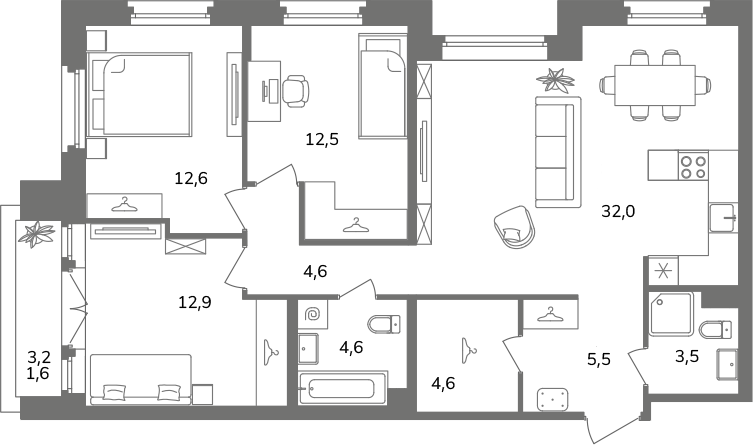 4-комнатная (Евро) квартира, 94.4 м² в ЖК "Антверпен" - планировка, фото №1