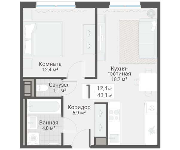 2-комнатная (Евро) квартира, 43.1 м² в ЖК "Руднева 15" - планировка, фото №1