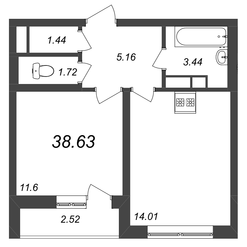 2-комнатная (Евро) квартира, 38.63 м² - планировка, фото №1
