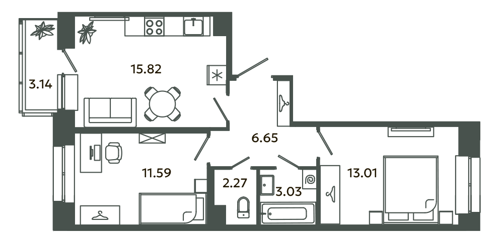 3-комнатная (Евро) квартира, 53.94 м² в ЖК "Загляденье" - планировка, фото №1