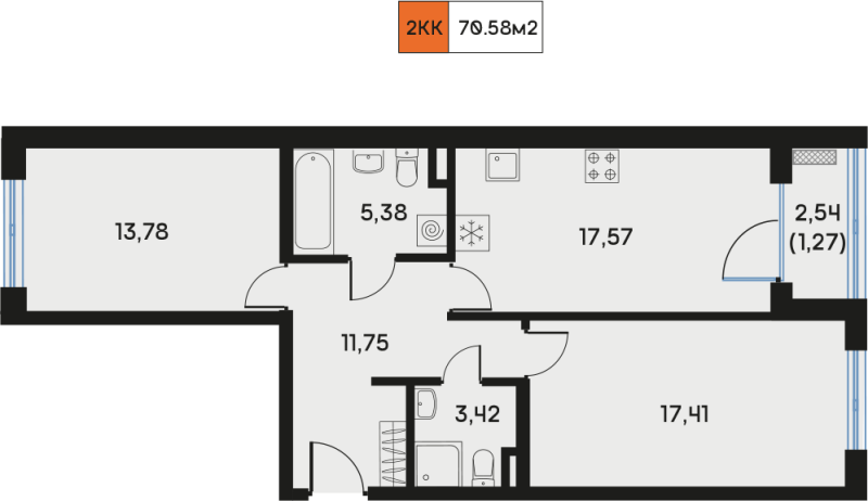 3-комнатная (Евро) квартира, 69.39 м² - планировка, фото №1