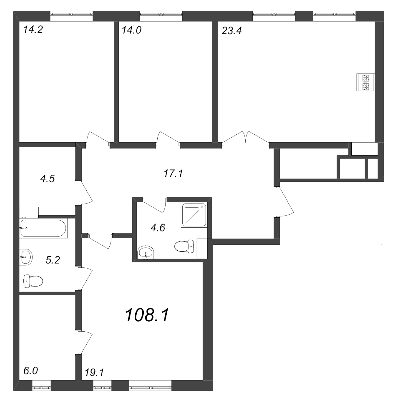 3-комнатная квартира, 108.1 м² - планировка, фото №1