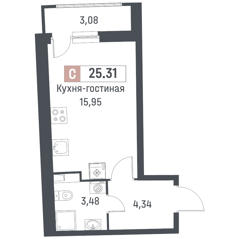 Квартира-студия, 25.31 м² в ЖК "Авиатор" - планировка, фото №1
