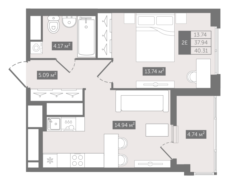 2-комнатная (Евро) квартира, 40.31 м² в ЖК "N8" - планировка, фото №1