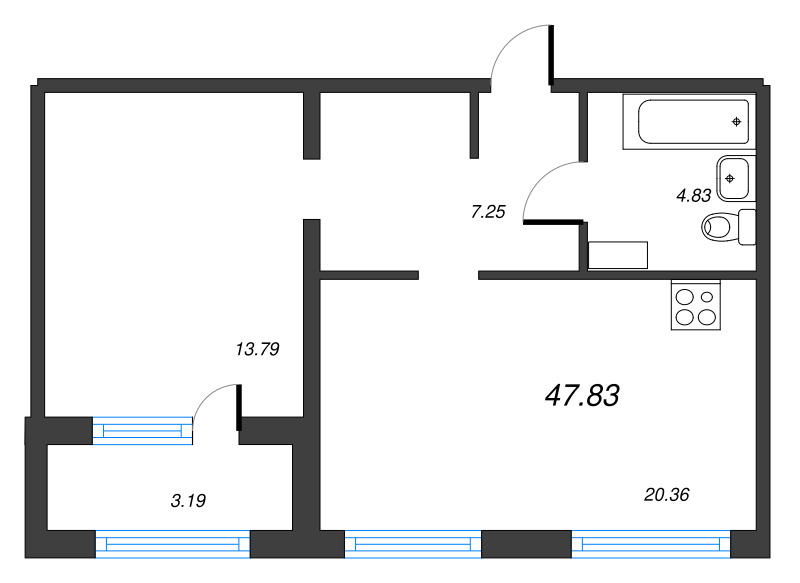 2-комнатная (Евро) квартира, 49.6 м² - планировка, фото №1