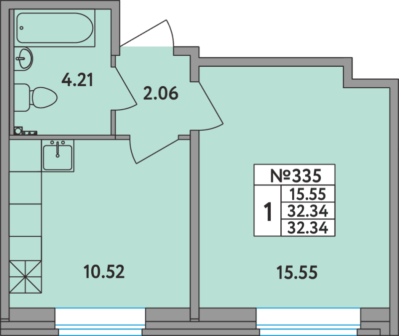 1-комнатная квартира, 32.34 м² - планировка, фото №1