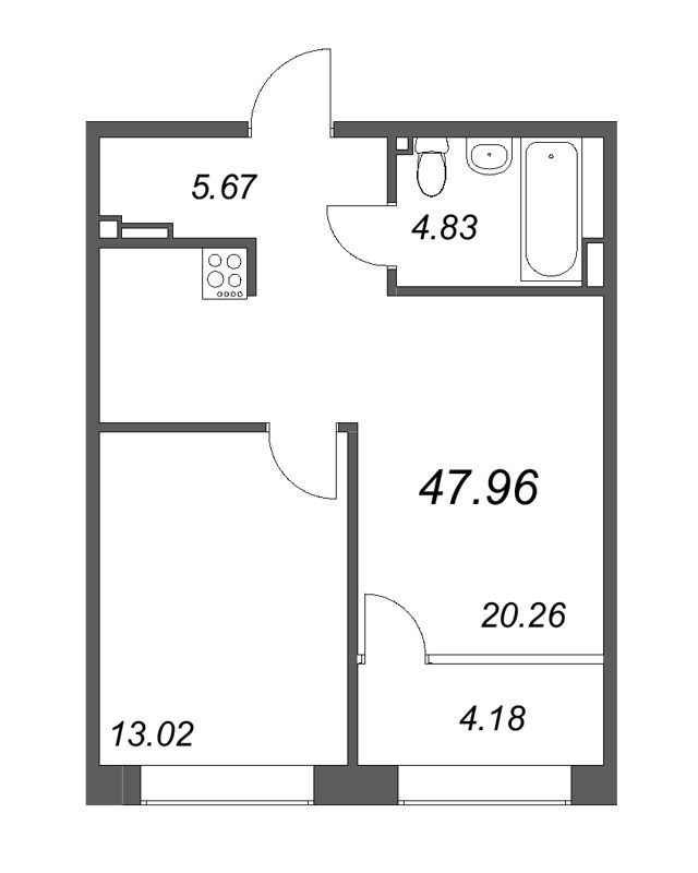 2-комнатная (Евро) квартира, 49.02 м² в ЖК "17/33 Петровский остров" - планировка, фото №1