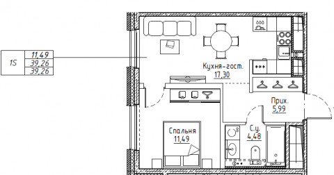 2-комнатная (Евро) квартира, 39.95 м² в ЖК "Большой Сампсониевский, 32" - планировка, фото №1