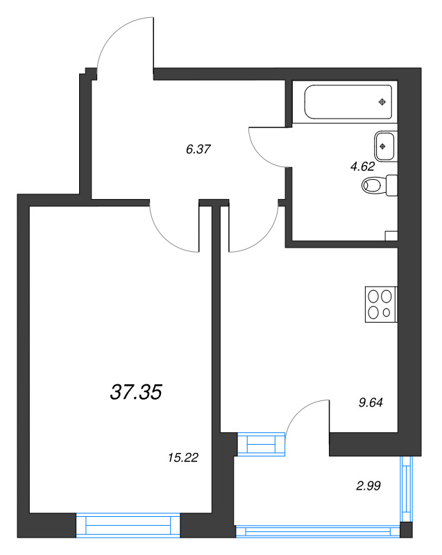 1-комнатная квартира, 37.35 м² - планировка, фото №1