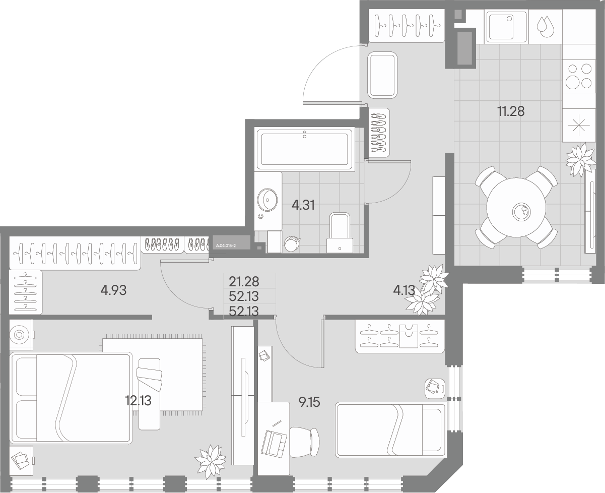 3-комнатная (Евро) квартира, 52.13 м² - планировка, фото №1