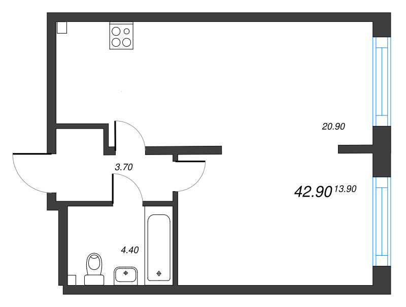 2-комнатная (Евро) квартира, 42.9 м² в ЖК "Измайловский" - планировка, фото №1