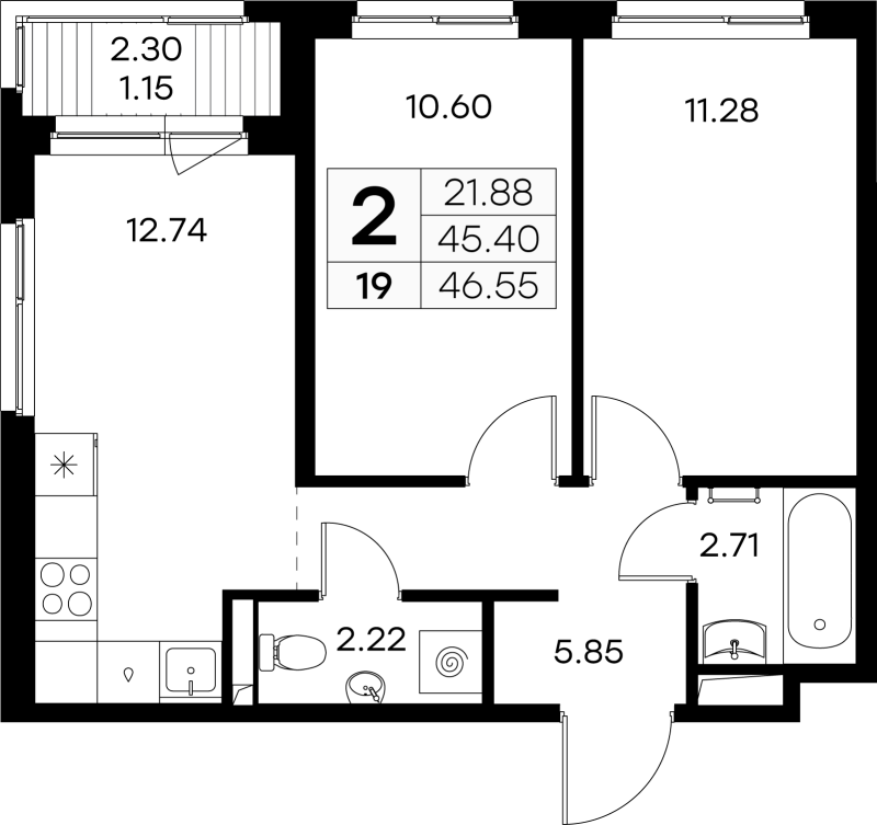 2-комнатная квартира, 46.55 м² - планировка, фото №1