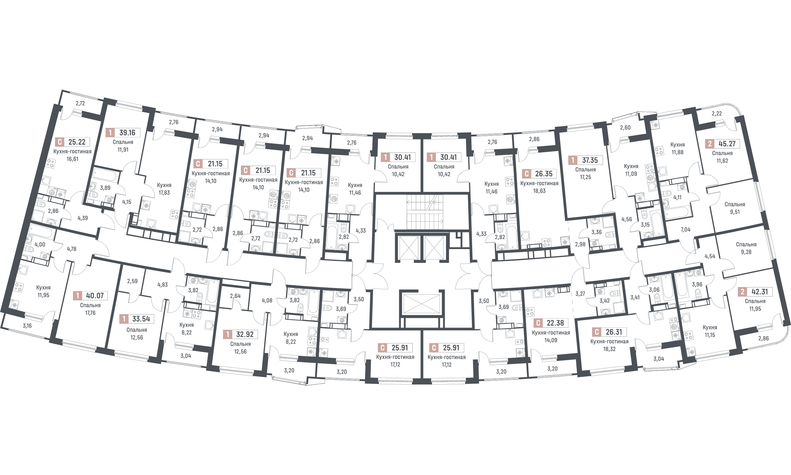 2-комнатная квартира, 42.31 м² в ЖК "Авиатор" - планировка этажа