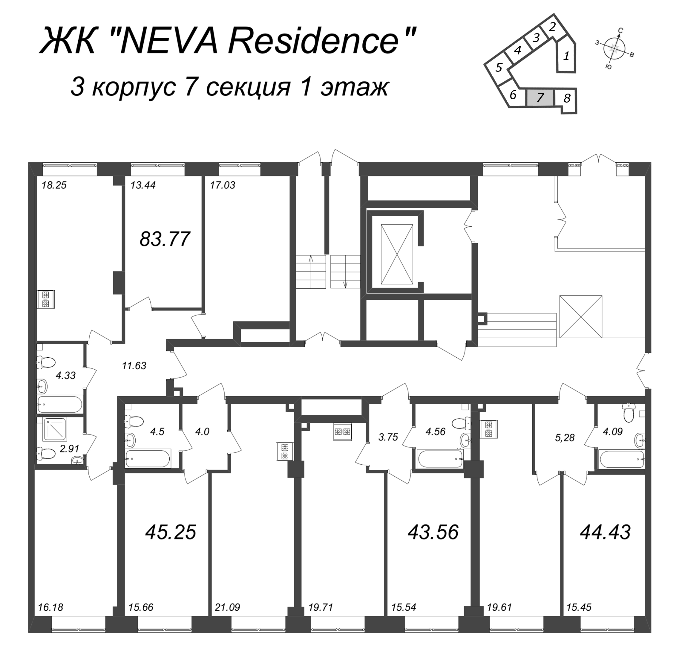 2-комнатная (Евро) квартира, 43.56 м² в ЖК "Neva Residence" - планировка этажа