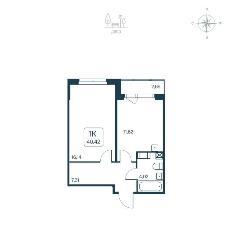 1-комнатная квартира, 40.42 м² в ЖК "Расцветай в Янино" - планировка, фото №1