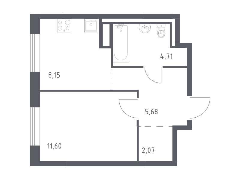 1-комнатная квартира, 32.21 м² - планировка, фото №1