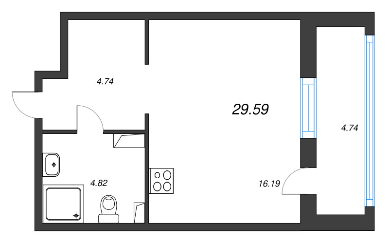 Квартира-студия, 30.6 м² - планировка, фото №1