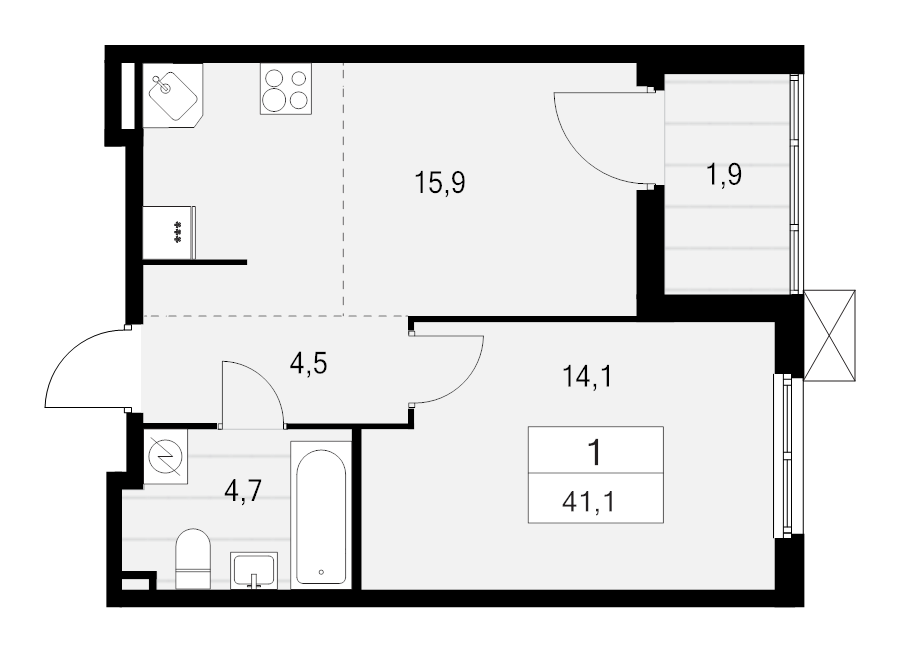 2-комнатная (Евро) квартира, 41.1 м² в ЖК "А101 Лаголово" - планировка, фото №1