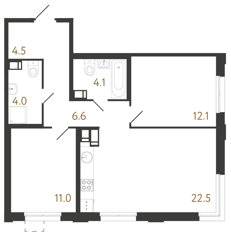 3-комнатная (Евро) квартира, 64.8 м² в ЖК "Струны" - планировка, фото №1