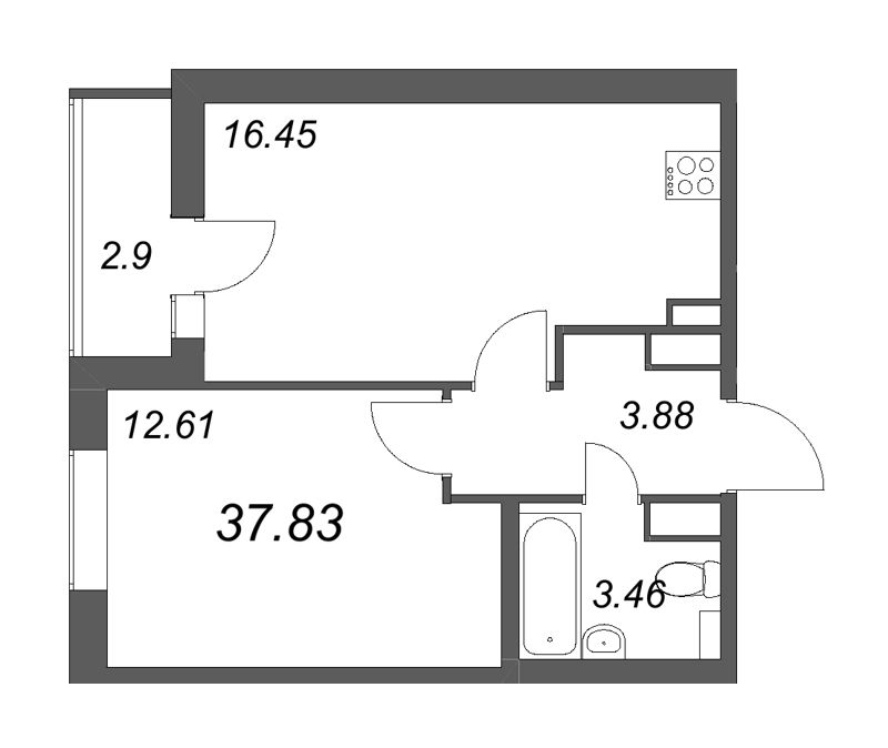 2-комнатная (Евро) квартира, 37.83 м² - планировка, фото №1