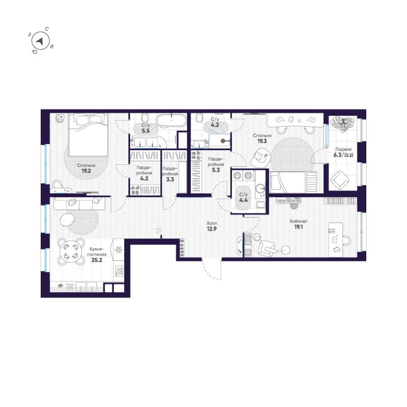 4-комнатная (Евро) квартира, 125.8 м² в ЖК "ЛДМ" - планировка, фото №1