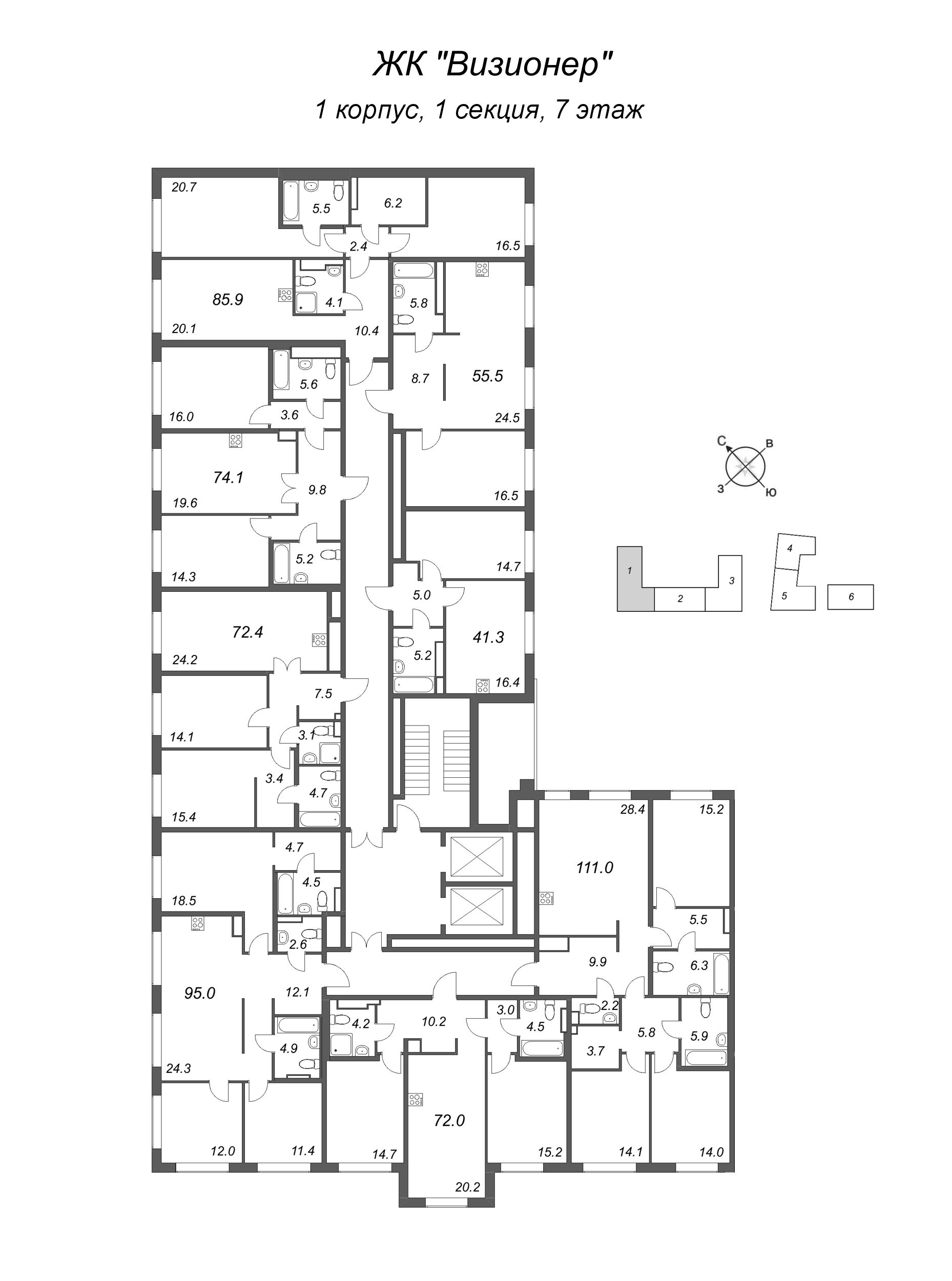 2-комнатная (Евро) квартира, 41.4 м² в ЖК "Визионер" - планировка этажа