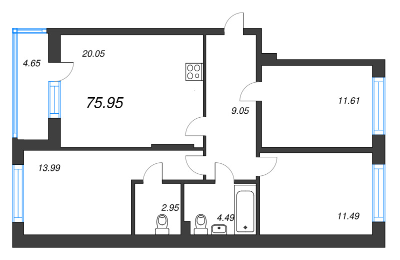 4-комнатная (Евро) квартира, 75.95 м² в ЖК "Охтинские высоты" - планировка, фото №1