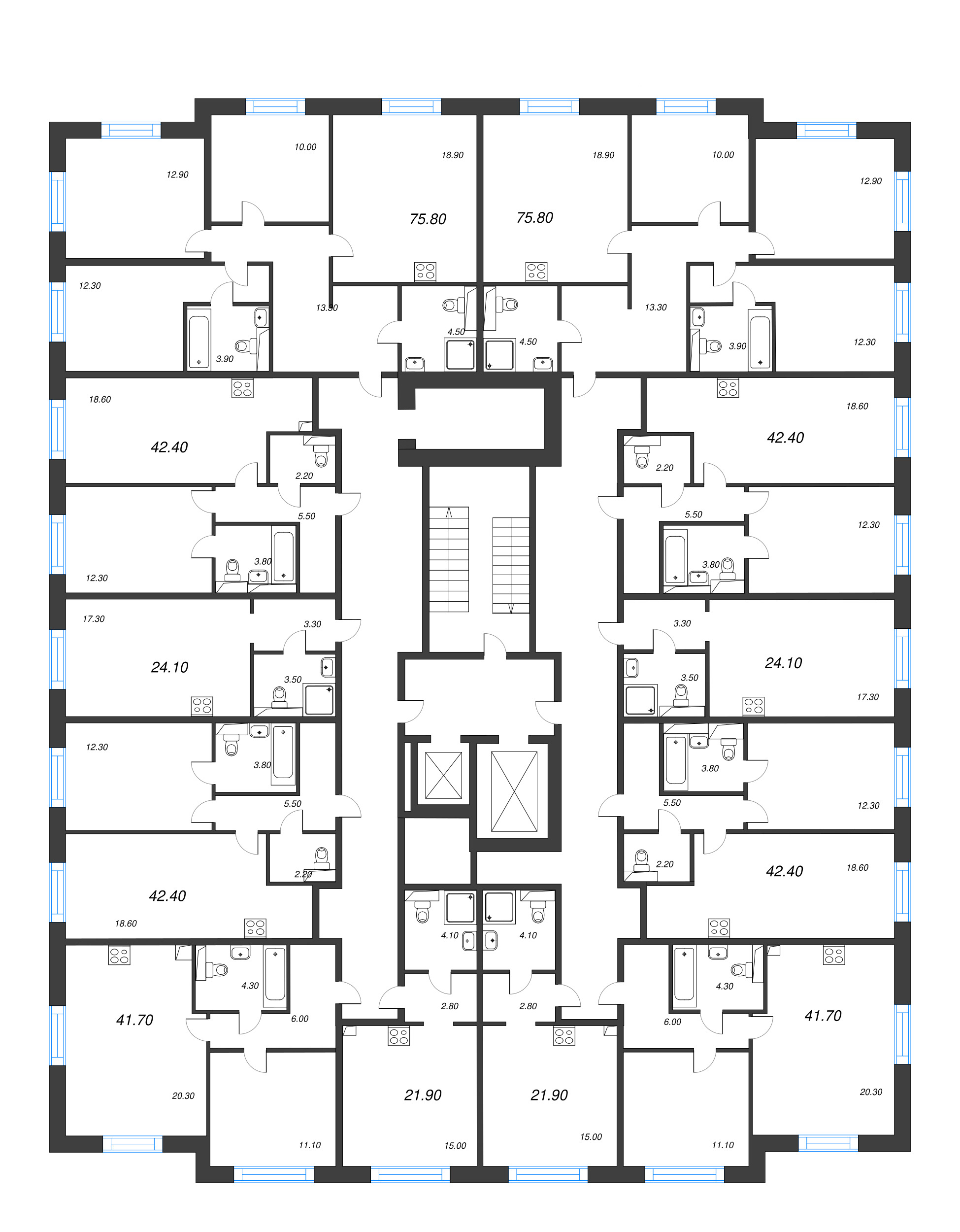 4-комнатная (Евро) квартира, 75.8 м² в ЖК "Большая Охта" - планировка этажа