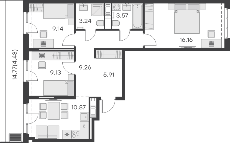 3-комнатная квартира, 71.71 м² - планировка, фото №1