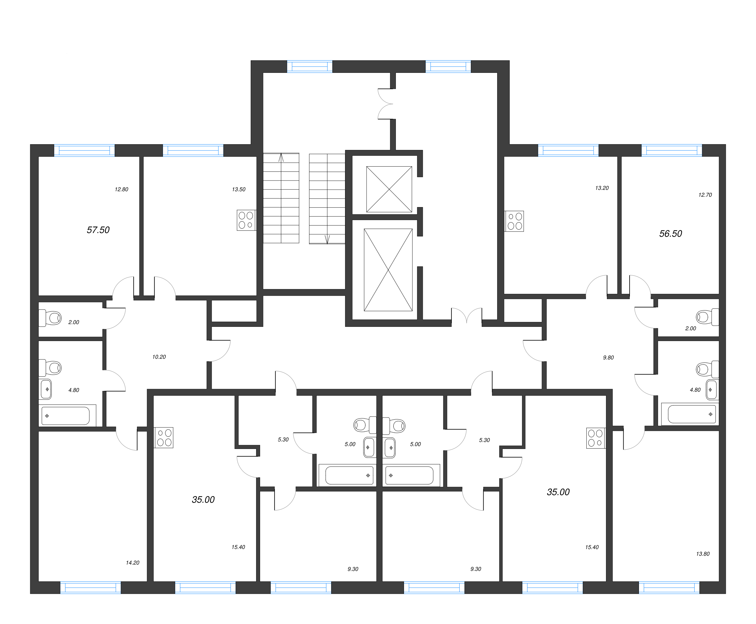 2-комнатная квартира, 56.5 м² - планировка этажа