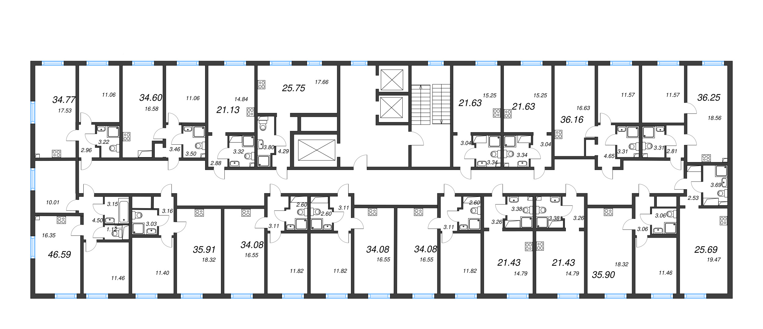 2-комнатная (Евро) квартира, 34.6 м² в ЖК "Морская миля" - планировка этажа