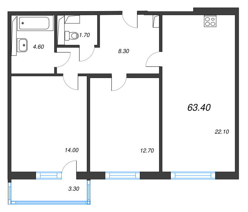 3-комнатная (Евро) квартира, 63.4 м² в ЖК "Руднева 15" - планировка, фото №1