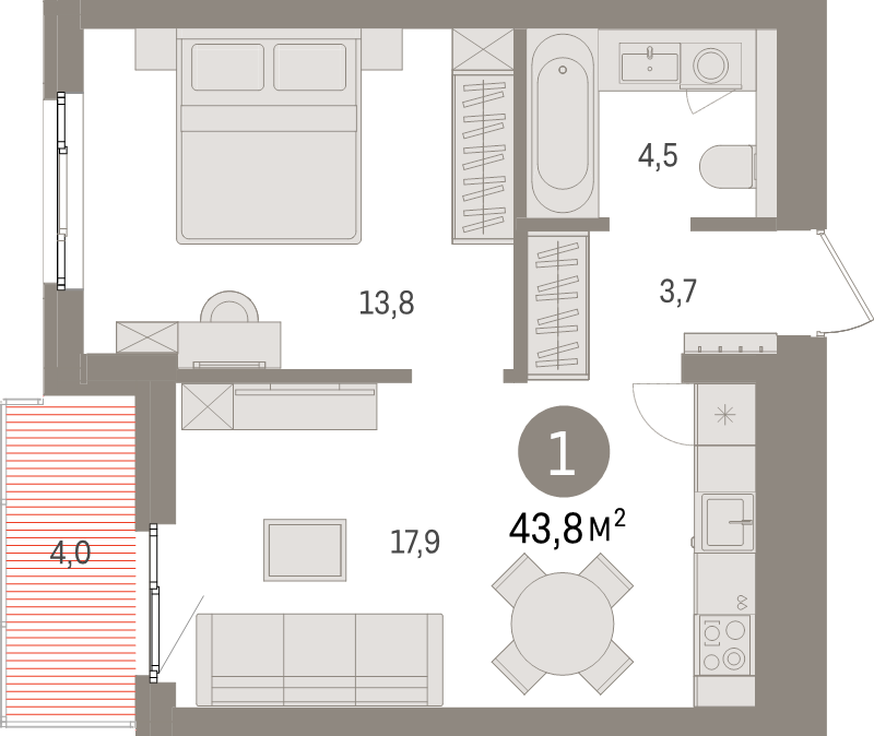 2-комнатная (Евро) квартира, 43.8 м² в ЖК "Брусника в Новоселье" - планировка, фото №1