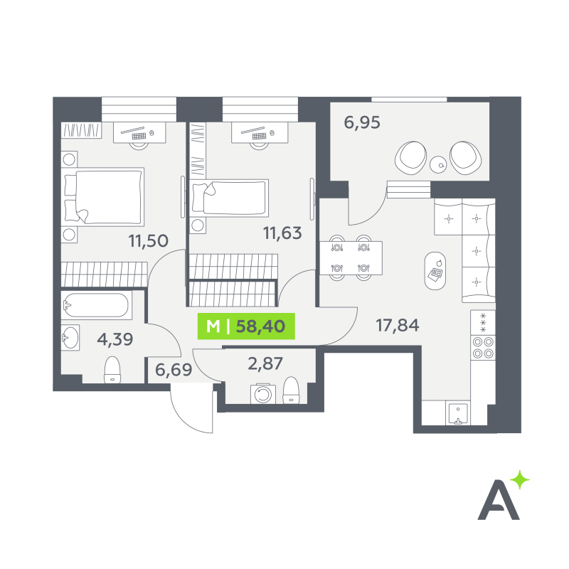 3-комнатная (Евро) квартира, 58.4 м² в ЖК "Аквилон РекаПарк" - планировка, фото №1